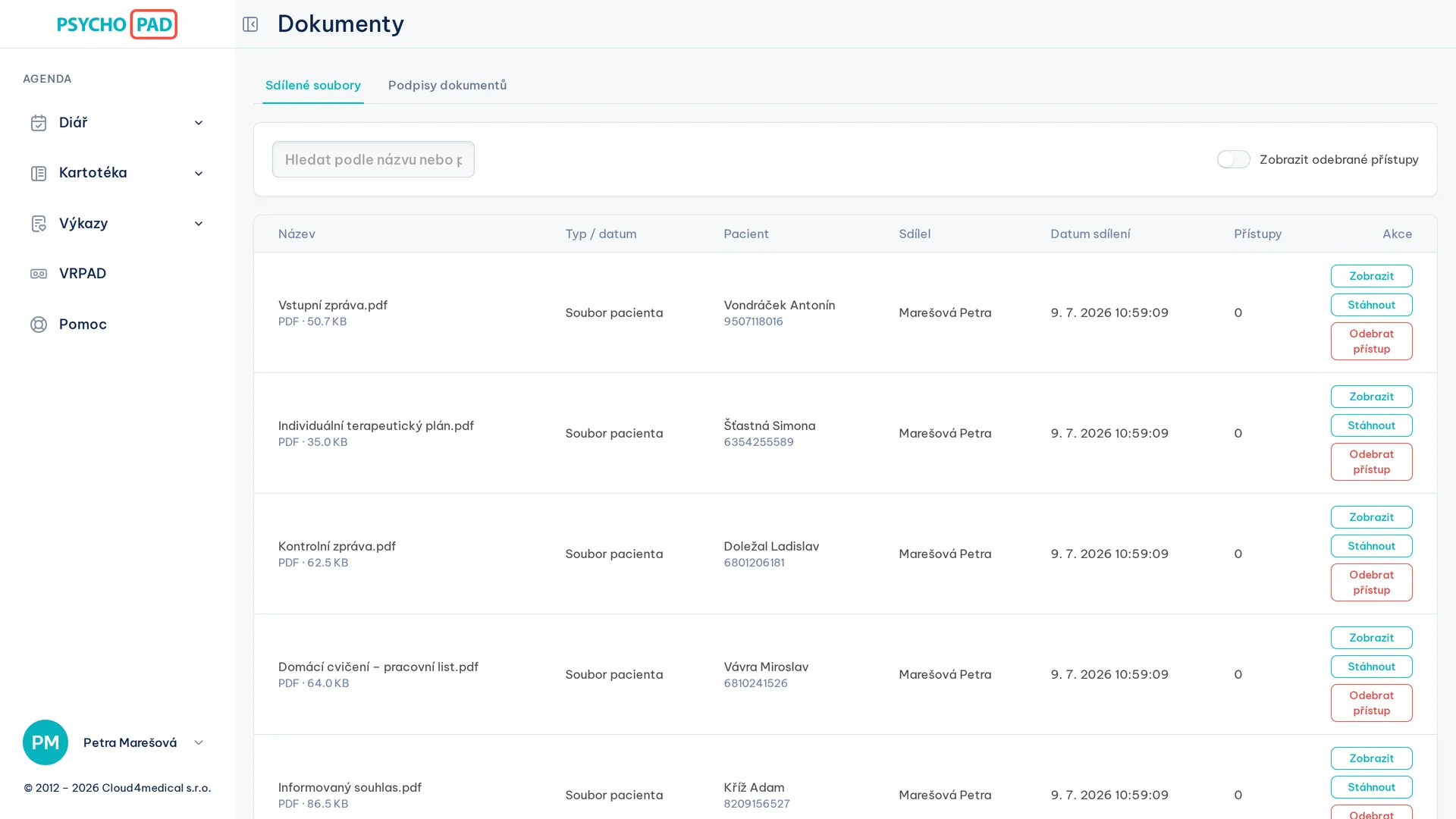 Screenshot of documents in PSYCHOPAD application