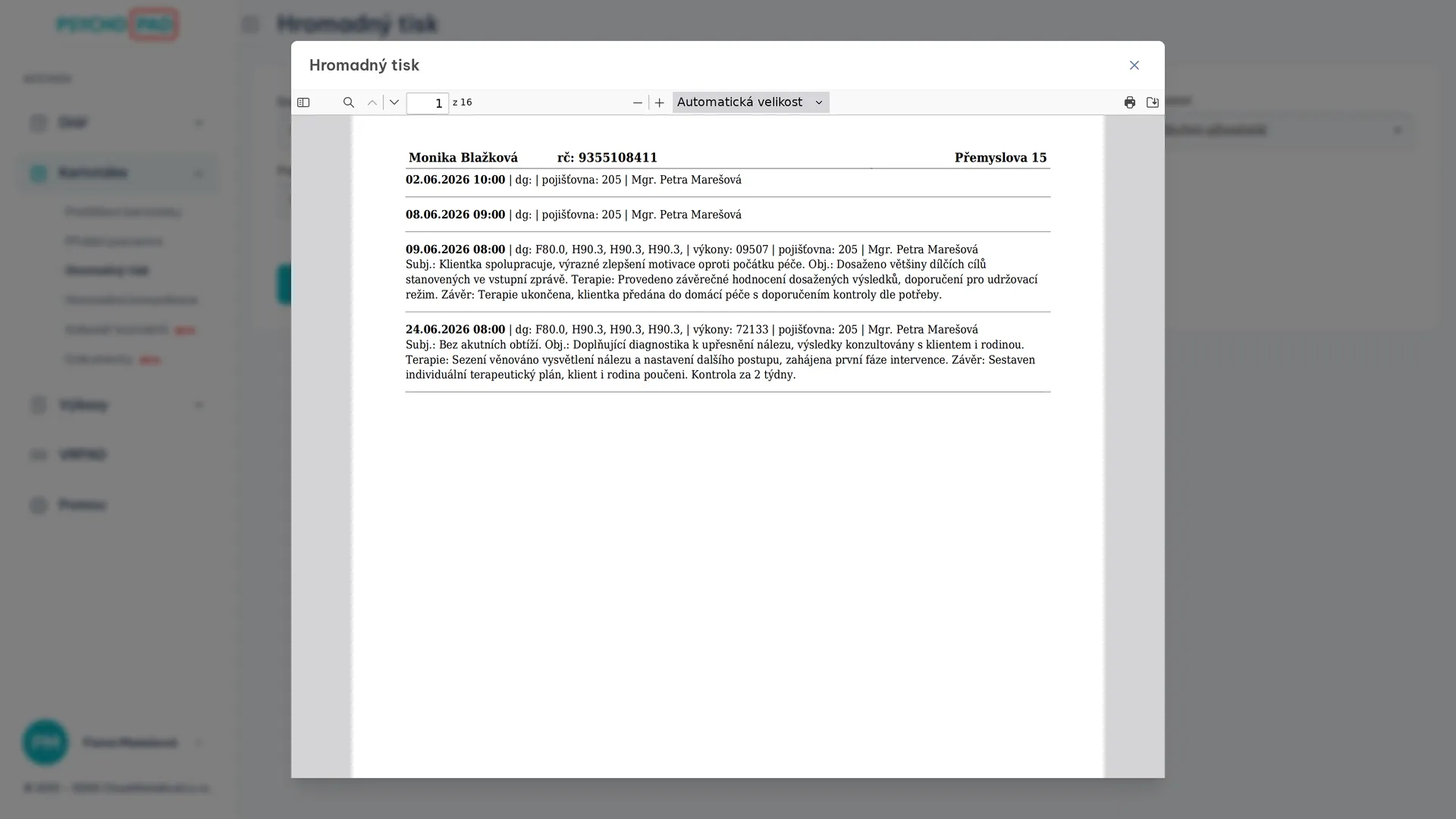 Screenshot of bulk printing of medical records in PSYCHOPAD application