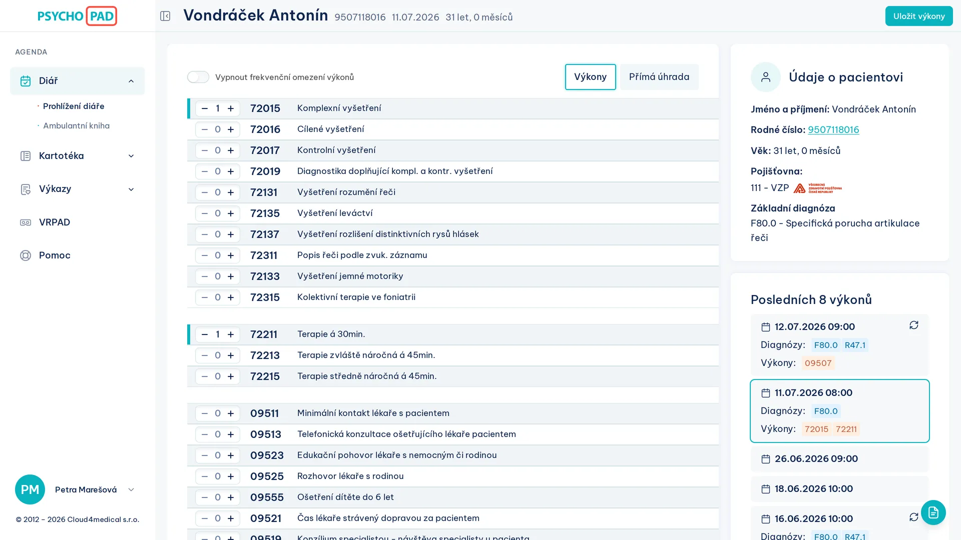 Screenshot of procedures in PSYCHOPAD application